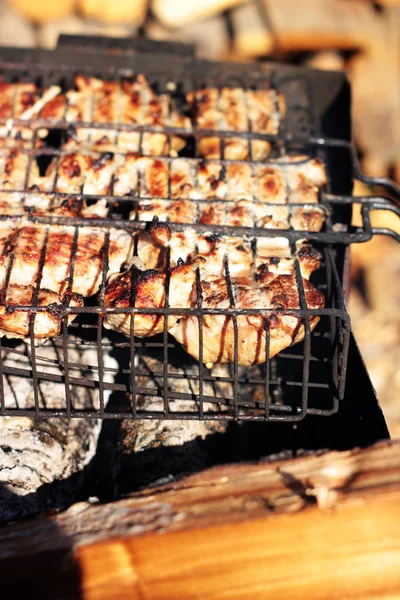 Mięso Jest Grillowane Latem Ogrodzie — Zdjęcie stockowe