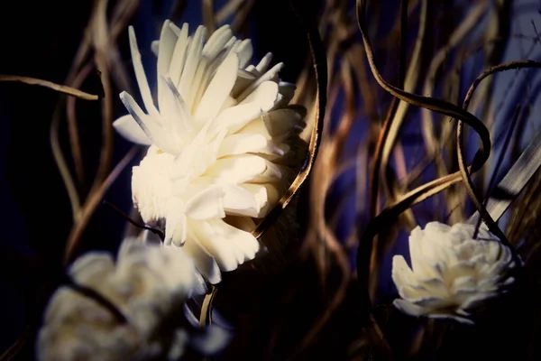 З сухої соломи, листя і штучних квітів розмитого фону — стокове фото