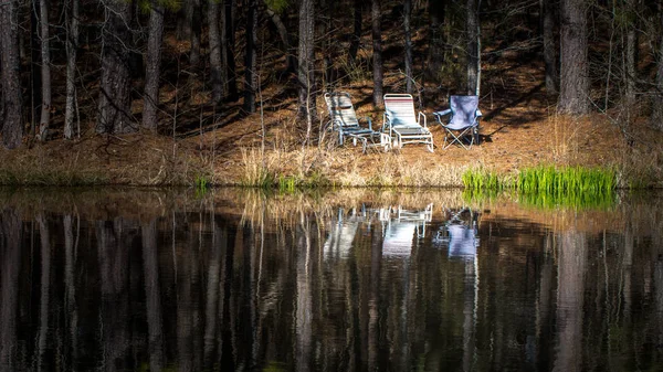 Três Cadeiras Costa Uma Lagoa Com Reflexão Grama Água Verde — Fotografia de Stock