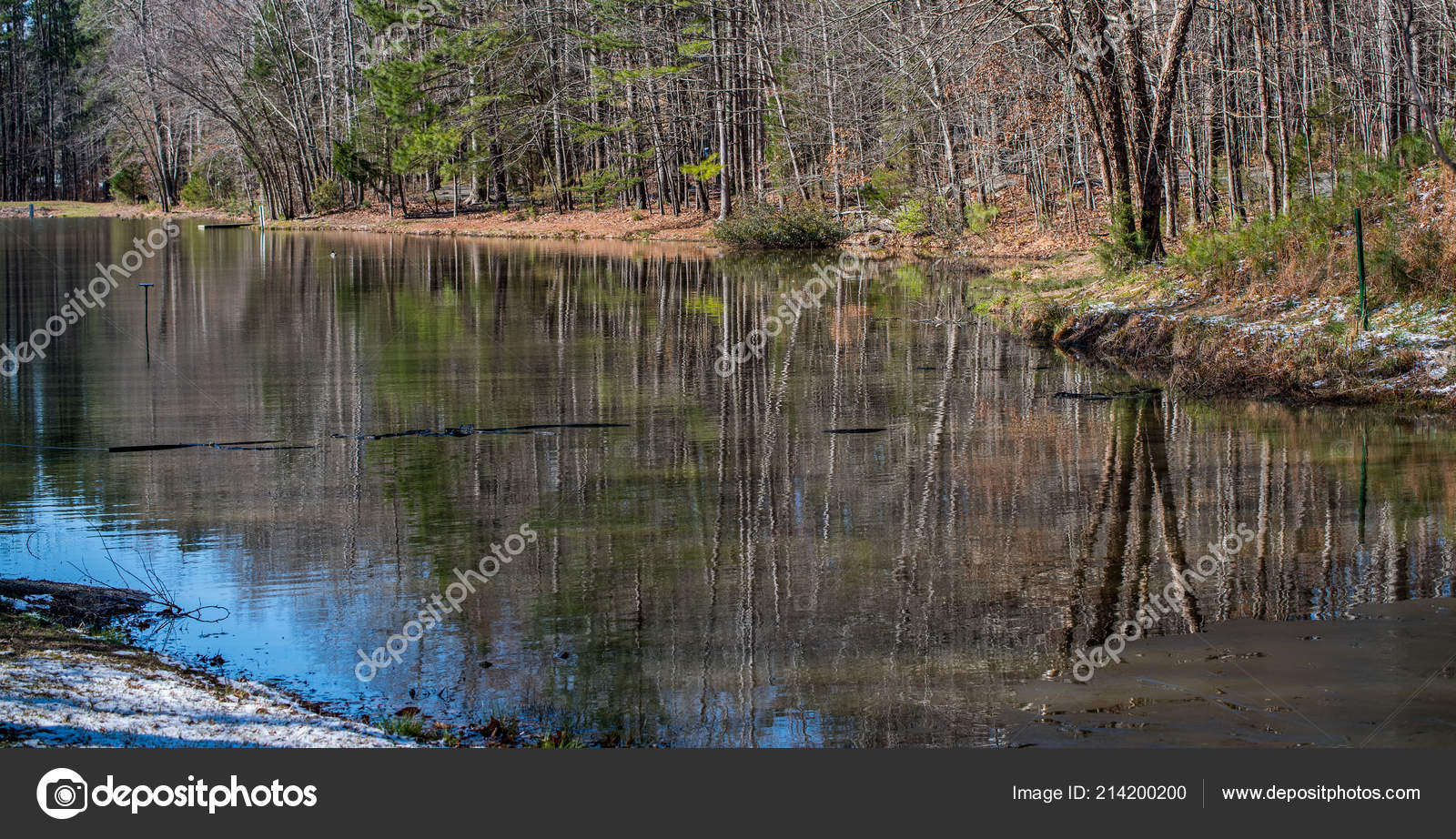 Small Lake Bare Trees Reflection Water Late Autumn Stock Photo