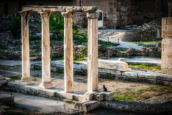 Gato Negro Sentado Junto Cuatro Columnas Las Ruinas Romanas Atenas — Foto de Stock