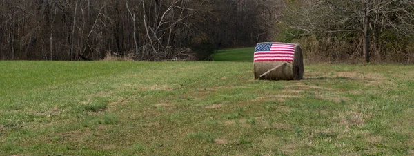 Amerikaanse Vlag Baal Hooi Met Hand Ploegen Vooraan — Stockfoto