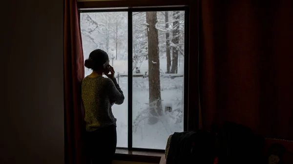 Silhouette of woman talking on phone at window on snowy morning
