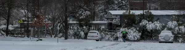 緑と黒の傘と車で深い雪の中を歩く女性が駐車場で雪に覆われました — ストック写真
