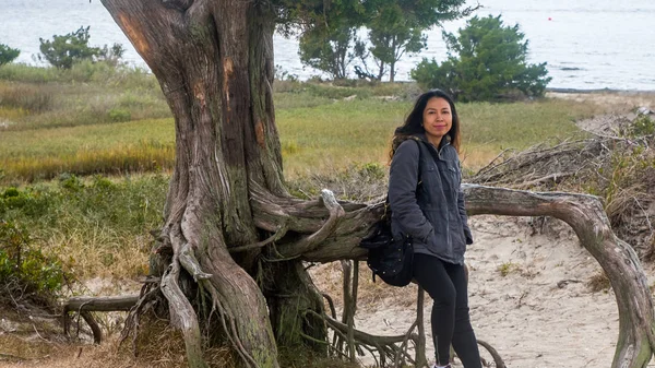 Mujer Asiática Con Parka Pie Junto Árbol Parque Estatal Carolina — Foto de Stock