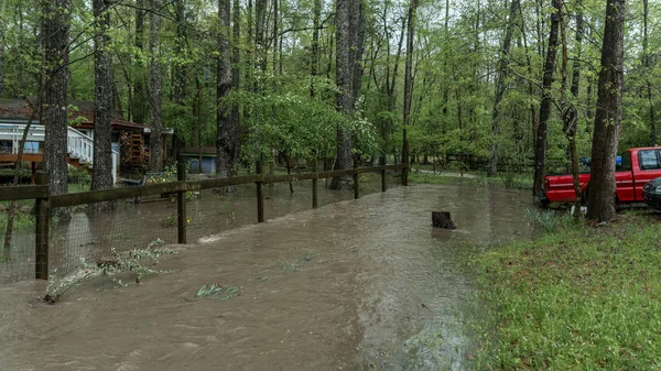 Stream overflowing and flooding yard after a rainstorm — Stock Photo, Image