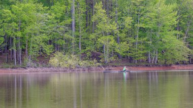 Arka planda ağaçlar la göl kürek mürettebat teknede Adam