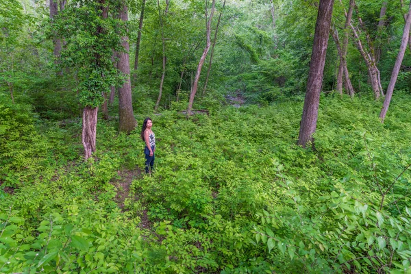 Donna in piedi nella foresta circondata da cespugli e alberi — Foto Stock