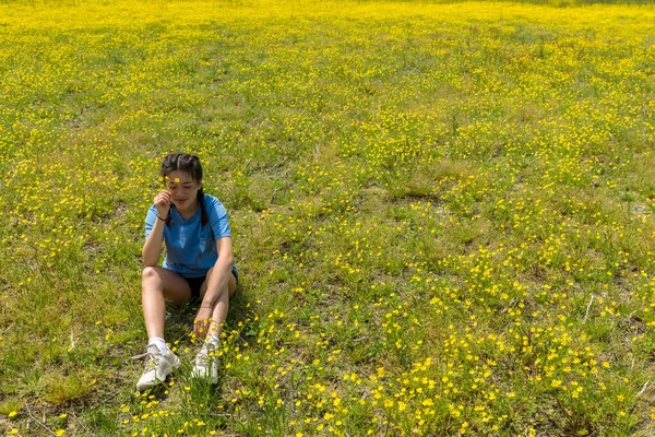 Adolescente chica con trenzas sentado en gran campo con flores amarillas — Foto de Stock