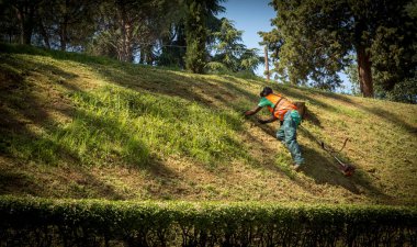 Yeşil pantolonlu ve turuncu yelekli işçiler Bologna, İtalya 'da küçük bir tepeye tırmanıyor.