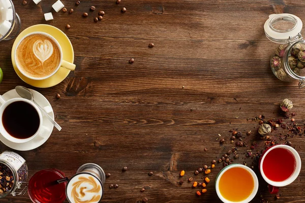 Blick Aus Der Vogelperspektive Auf Verschiedene Tee Und Kaffeearten Aromatisiert — Stockfoto