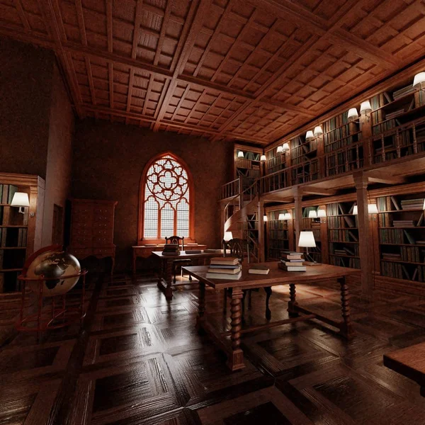 旧古董图书馆逼真的3D渲染 — 图库照片