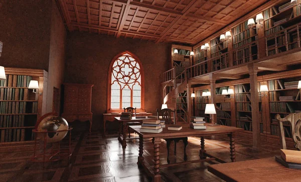 Render Realistico Della Vecchia Biblioteca Antica Immagine Stock
