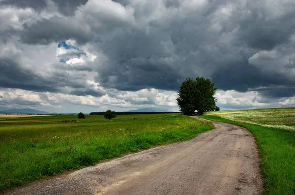 Paisaje con nubes pesadas grises y prado — Foto de Stock