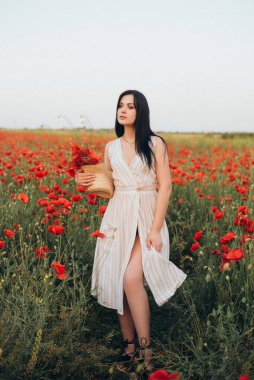 Gün batımında haşhaş tarlasında güzel bir esmer kızın portresi.