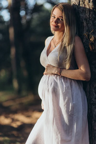 Joven mujer embarazada feliz relajarse y disfrutar de la vida en la naturaleza. — Foto de Stock