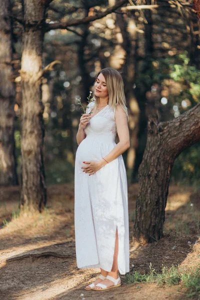 Joven mujer embarazada feliz relajarse y disfrutar de la vida en la naturaleza. — Foto de Stock