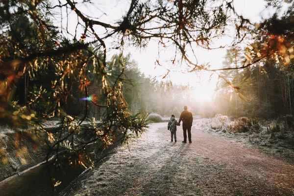 Vater und Sohn gehen am Ufer des Flusses entlang. Silhouetten von Menschen vor dem Hintergrund der Natur. Winterlandschaft. Winterwald am Fluss. — Stockfoto