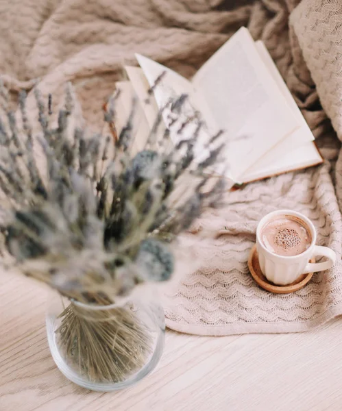 Lavender bouquet with book and cup of coffee on wooden background. spring concept. top view. flatlay. cozy home — Stock Photo, Image