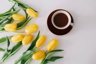 Beyaz arka planda lale ler çerçevesinde bir kahve fincanı. Düz yatıyordu, üstten bak. Tatil kavramı, doğum günü, Paskalya, 8 Mart