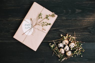 Kuşlarda Paskalya yumurtaları bir hediye ile koyu ahşap arka plan üzerinde yuva. Bıldırcın yumurtası ile Rustik paskalya natürmort, koyu arka plan üzerinde kuru söğüt dalları. Düz döşeme, üst görünüm