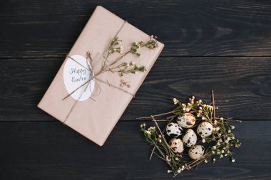 Bıldırcın yumurtası ile Rustik paskalya natürmort, koyu arka plan üzerinde kuru söğüt dalları. Düz döşeme, üst görünüm