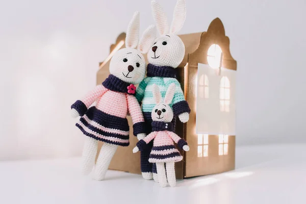 Pasen vakantie concept met schattige handgemaakte Bunny. Een familie van handgemaakte gebreide konijnen. Amigurumi speelgoed — Stockfoto