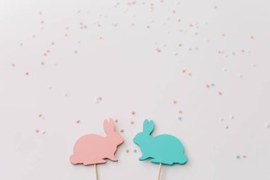 Mutlu Paskalya konsepti. Beyaz arka planda iki tavşan oyuncak. Paskalya tatili geçmişi, bahar sezonu. Tavşanlarla Paskalya dekorasyonu. Kapat, üstte görüş. kopyalama alanı