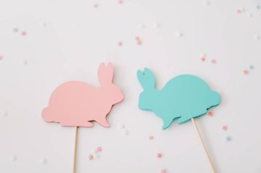 Mutlu Paskalya konsepti. Paskalya tatili geçmişi, bahar sezonu. Tavşanlarla Paskalya dekorasyonu. Kapat, üstte görüş. kopyalama alanı