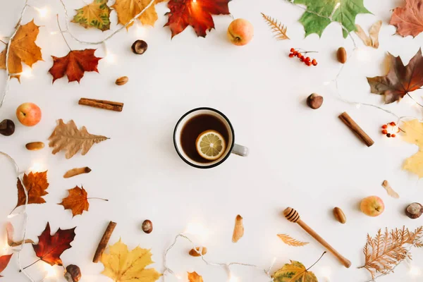 Autumn composition. Frame made of autumn leaves on white background. Flatlay, top view, copy space. Fall concept.