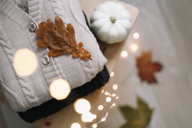 Örgü giysiler ve sonbahar yaprakları, sıcak arka plan, örgü, yazı için alan, sonbahar kış konsepti. 