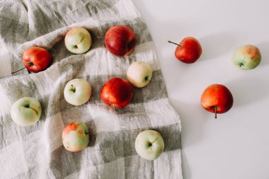 Elma kompozisyonu, üst manzara. Yemek arkaplanı modeli. Sonbahar ve Şükran Günü tatili konsepti. Sebze duvar kağıdı.