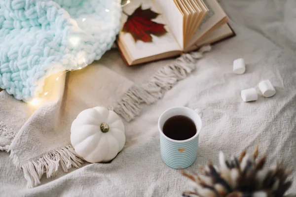 Outono ainda vida. Um copo, folhas secas, livro e abóbora. Estilo de vida Hygge, clima aconchegante outono. Flat lay, fundo de ação de graças — Fotografia de Stock