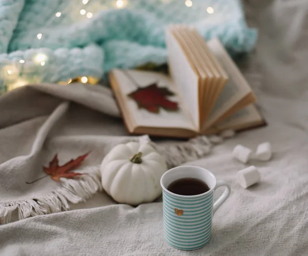 Autumn still life. A cup, dried leaves, book and pumpkin. Hygge lifestyle, cozy autumn mood. Flat lay, thanksgiving background — Stock Photo, Image