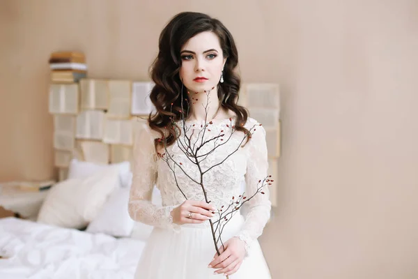 Bride in lingerie. Morning wedding gatherings. tenderness concept. Elegant classic wedding dress. — Stock Photo, Image