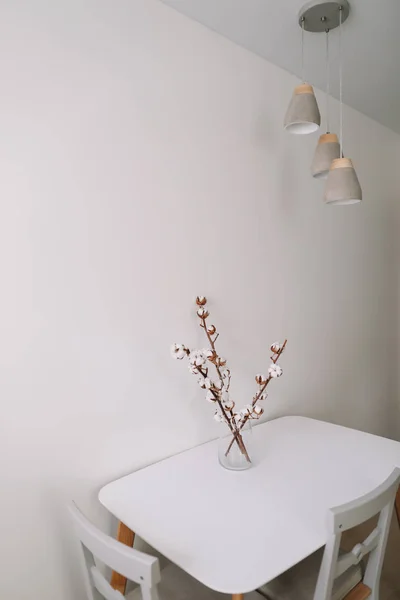Ramo di cotone in vaso su tavolo su fondo chiaro. Arredo casa. Concetto blog o social media. design degli interni minimalista . — Foto Stock