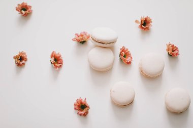 Beyaz arka planda badem kurabiyeli ve çiçekli moda tasarım. Üst Manzara. Mesaj için yer. Doğum günü, düğün kartı