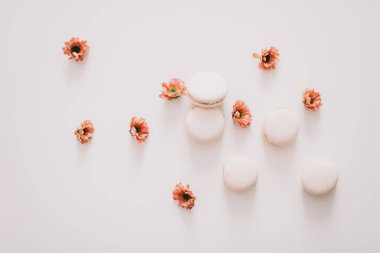 Beyaz arka planda badem kurabiyeli ve çiçekli moda tasarım. Üst Manzara. Mesaj için yer. Doğum günü, düğün kartı