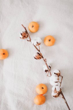 Pamuklu brunch ve mandalina. Kış konsepti Noel Dekorasyonu. 