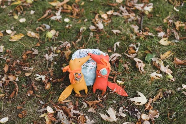 Bonitos brinquedos sentam-se em uma cesta no jardim de outono. Infância, bebê, férias, pessoas, hobby, conceitos de emoções — Fotografia de Stock
