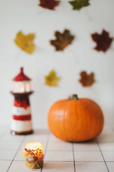 Cozy autumn composition with pumpkin,  candles, leaves. Autumn mood. Greeting card, Fall, Halloween, Happy Thanksgiving concept — Stock Photo, Image