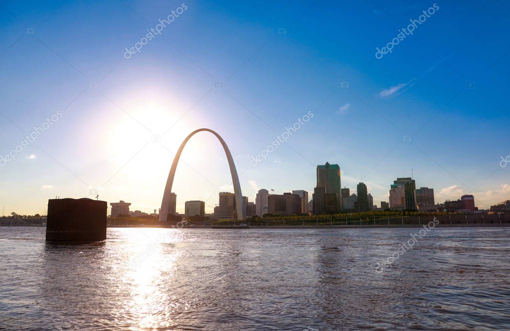 The St. Louis, Missouri skyline across the Mississippi River.