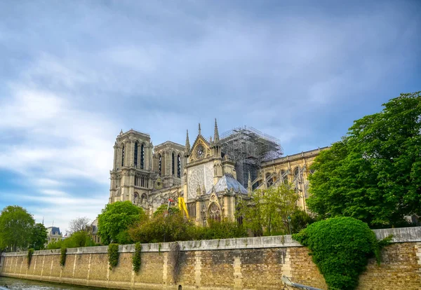 Notre Dame Kathedraal Aan Rivier Seine Parijs Frankrijk Brand April — Stockfoto