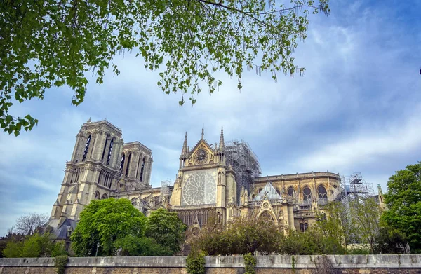 Notre Dame Kathedraal Aan Rivier Seine Parijs Frankrijk Brand April — Stockfoto