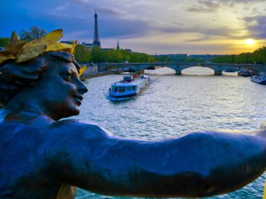Paris, Fransa'da Seine Nehri'ni kapsayan Pont Alexandre III köprüsünden bir manzara