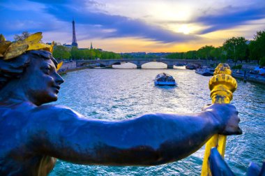 Paris, Fransa'da Seine Nehri'ni kapsayan Pont Alexandre III köprüsünden bir manzara
