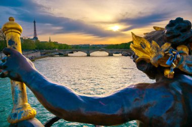 Paris, Fransa'da Seine Nehri'ni kapsayan Pont Alexandre III köprüsünden bir manzara