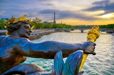 Paris, Fransa'da Seine Nehri'ni kapsayan Pont Alexandre III köprüsünden bir manzara