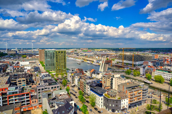 An aerial view of the port and docks in Antwerp (Antwerpen), Belgium.