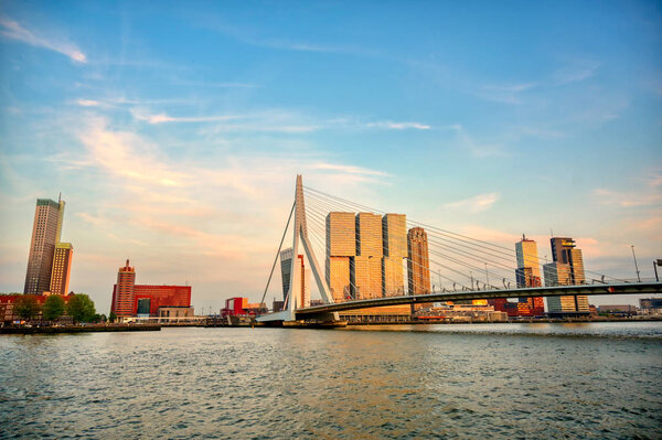 A view of the Erasmusbrug (Erasmus Bridge) which connects the north and south parts of Rotterdam, the Netherlands.